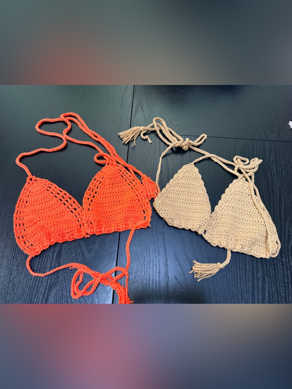 Handmade Crochet Triangle Bikini Tops Bundle- Orange & Beige